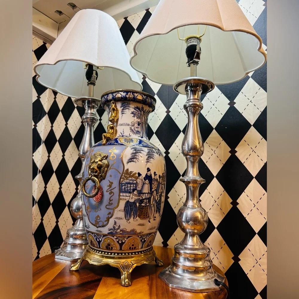 Luxury‎ Tall Silver Table Lamp Pair – Sculptural Bases with Scalloped Shades